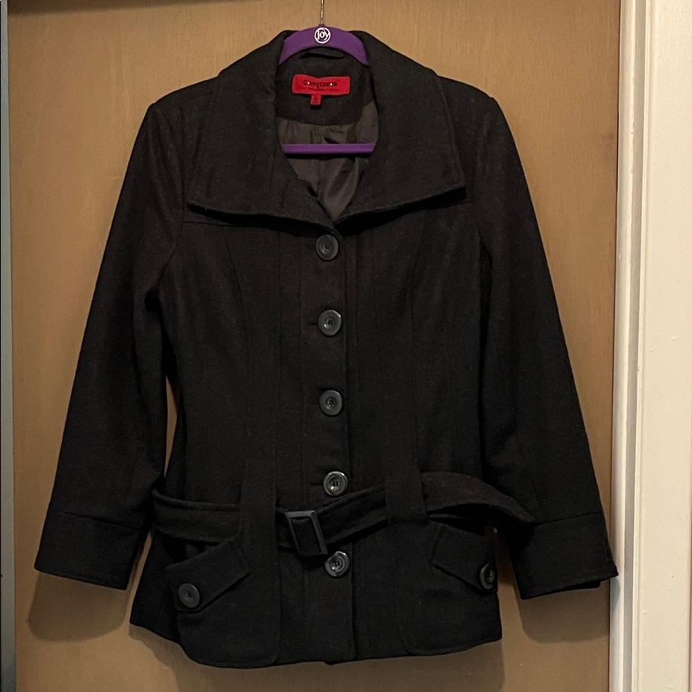 Coffee Shop wool silk lined Gray/Black Button-Up Jacket with belt